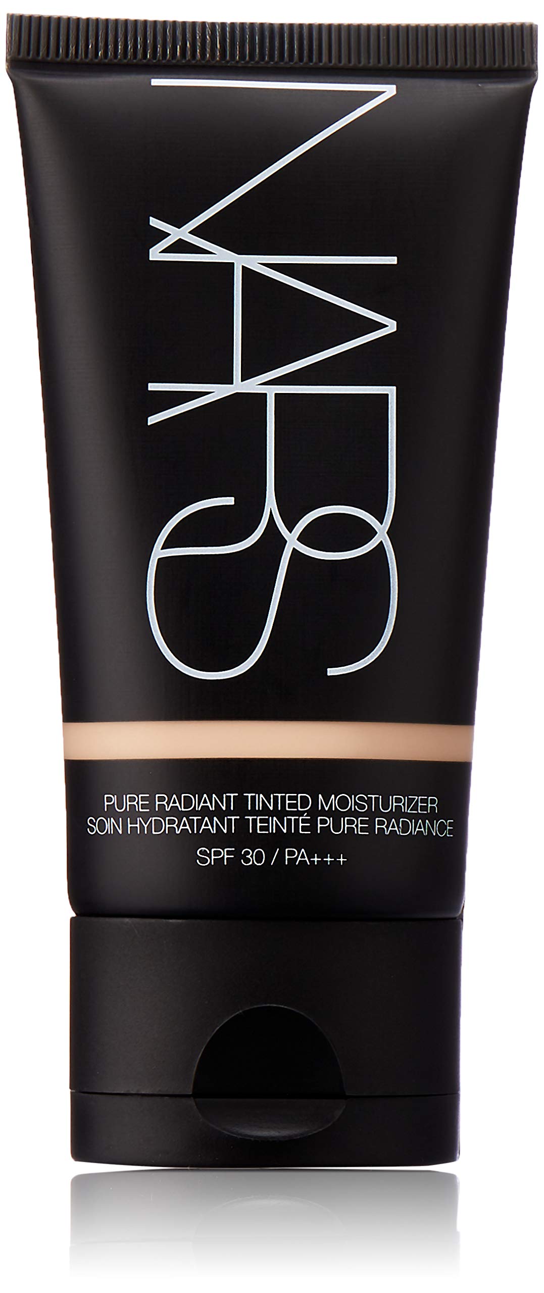 NARS Pure Radiant tinted moisturizer SPF 30 bottle closeup for lightweight coverage and sun protection.