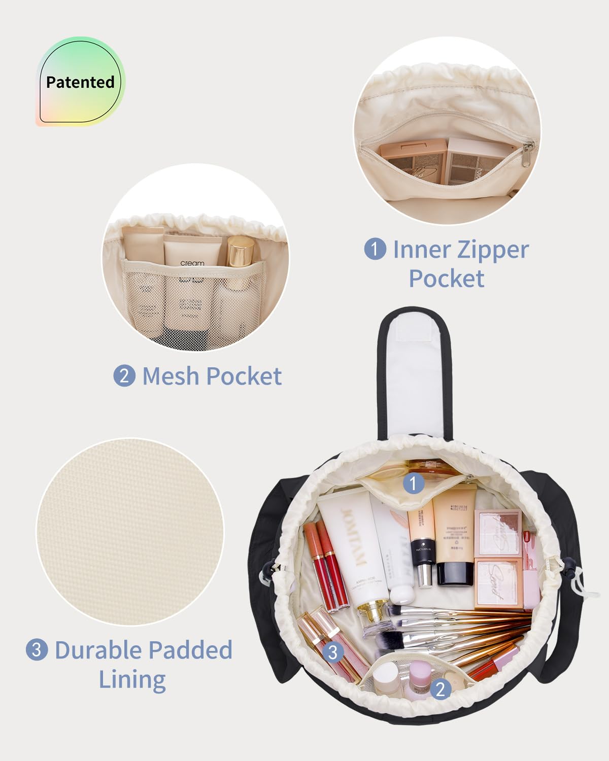 Narwey barrel-puffer makeup bag interior showing zip and mesh pockets for quick access.