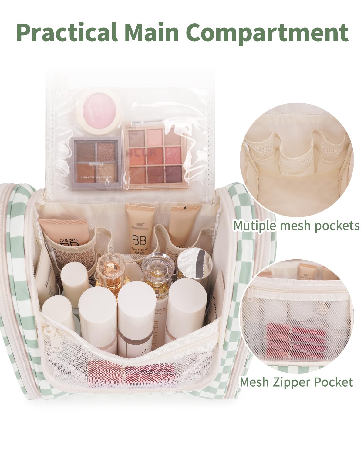 Narwey interior mesh pockets and zipper organizers keep cosmetics neatly separated