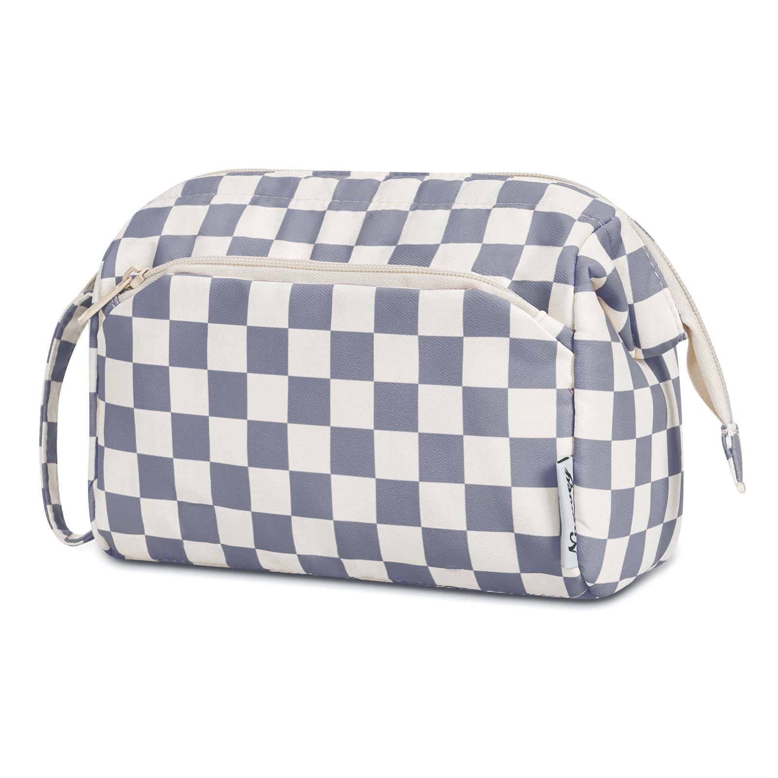 Narwey checkered makeup bag greyish-blue open design with full visibility for easy access