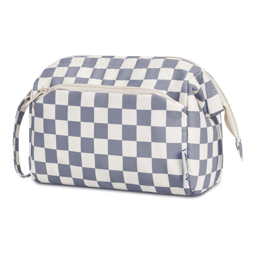 Narwey checkered makeup bag greyish-blue open design with full visibility for easy access