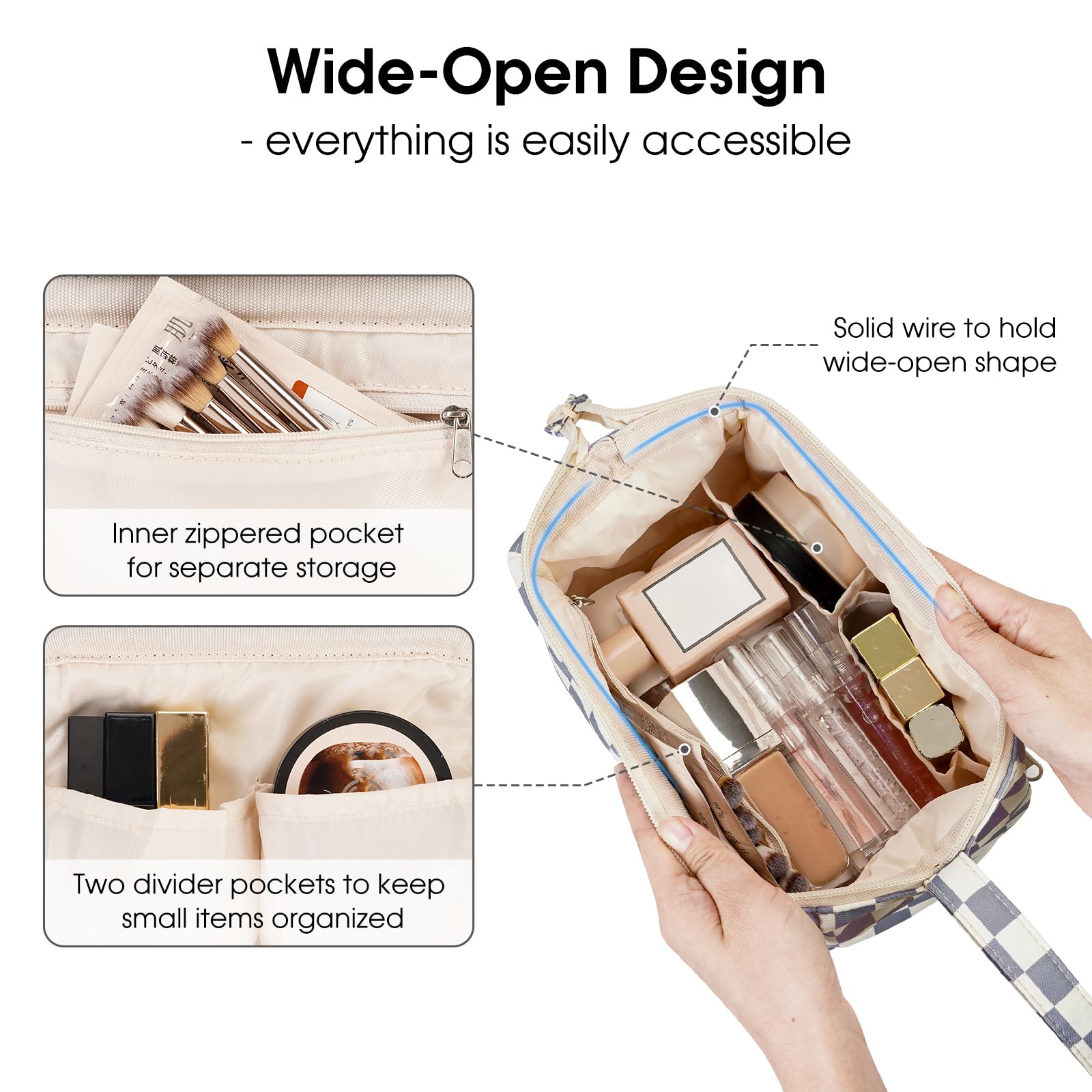 Narwey checkered makeup bag main compartment highlighting organized storage