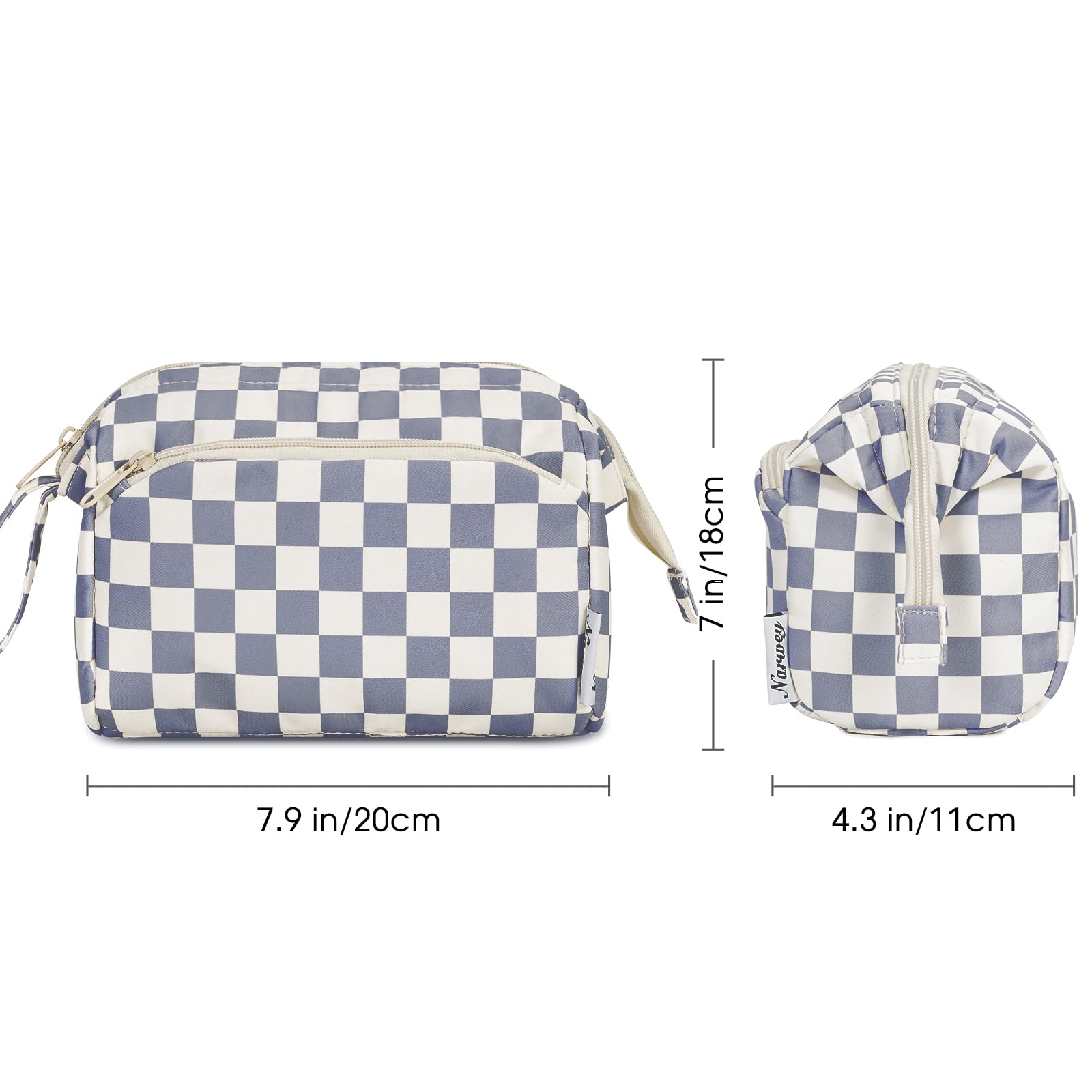 Narwey checkered makeup bag side handle enabling easy carrying or hanging