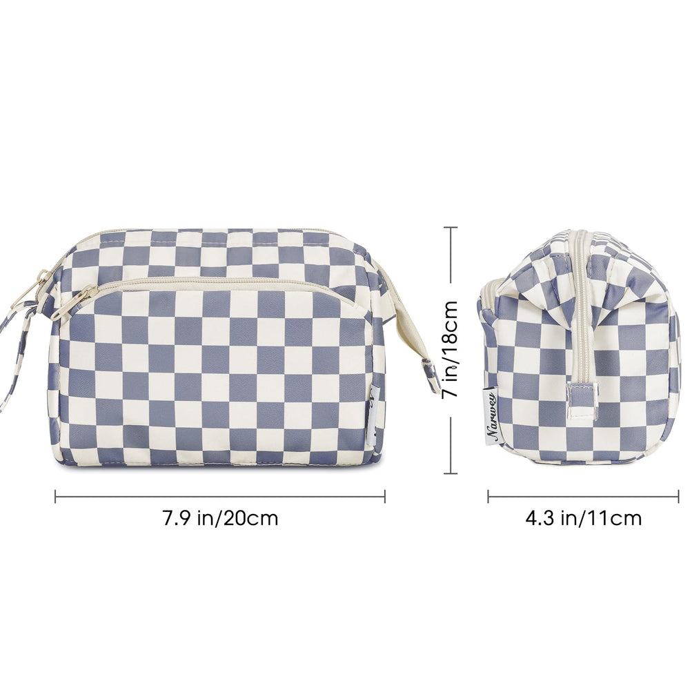 Narwey checkered makeup bag side handle enabling easy carrying or hanging
