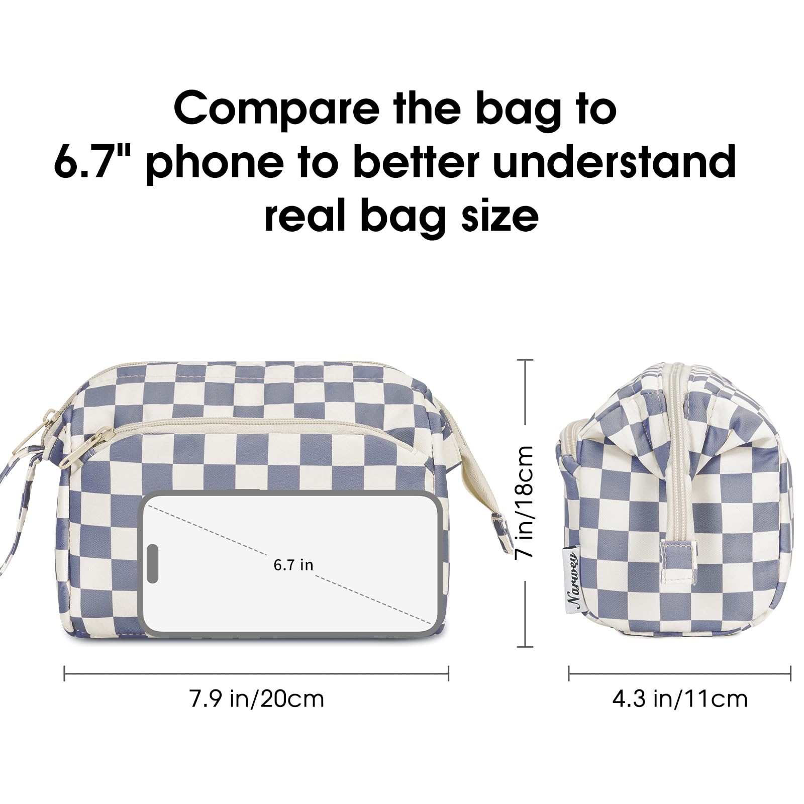 Narwey checkered makeup bag water-resistant fabric that wipes clean