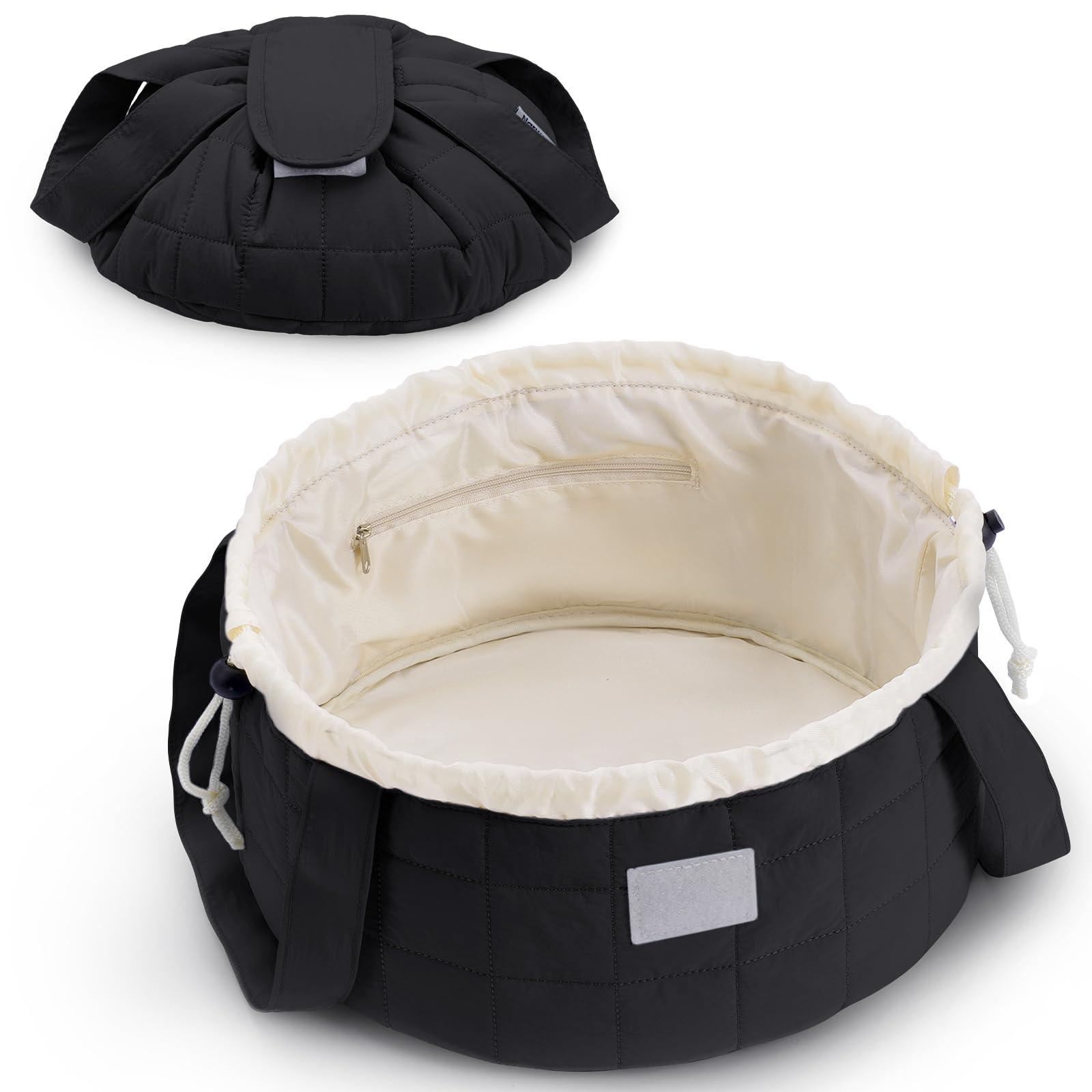 Narwey quilted drawstring makeup bag in black patent, closed for secure travel organization.