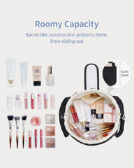 Narwey quilted drawstring makeup bag in black patent, open to reveal easy-access storage.