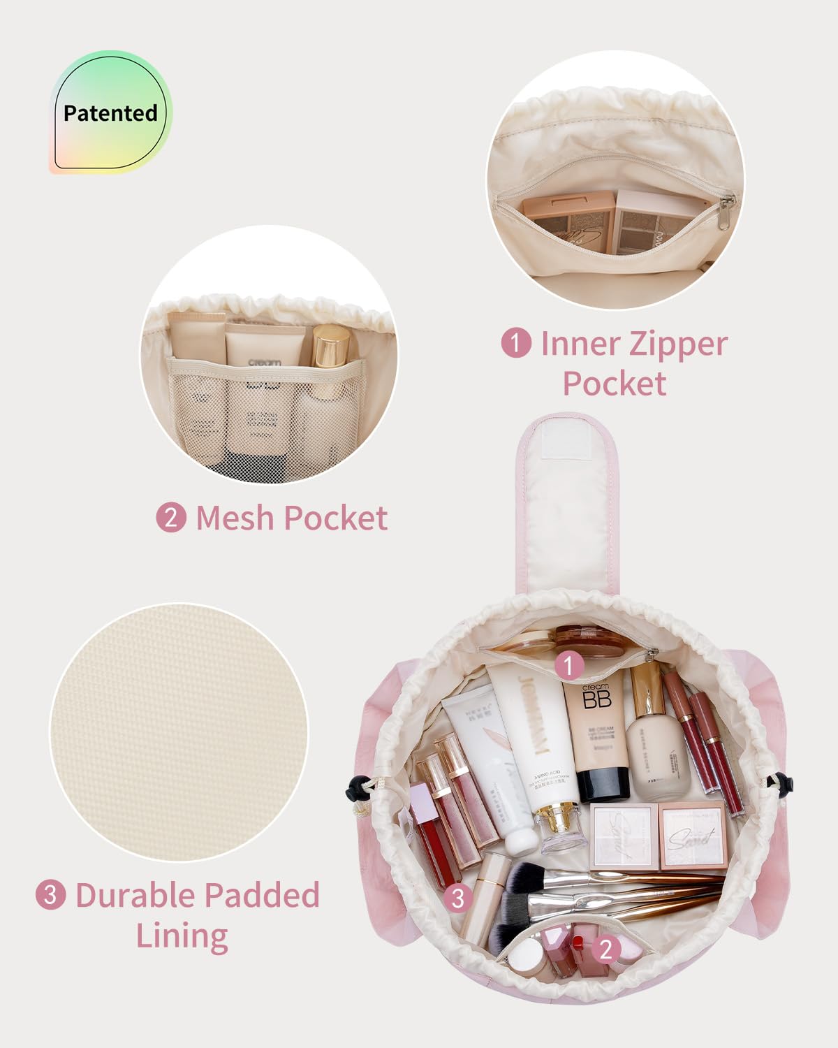 Narwey pink bag uses water-resistant fabric to protect cosmetics.