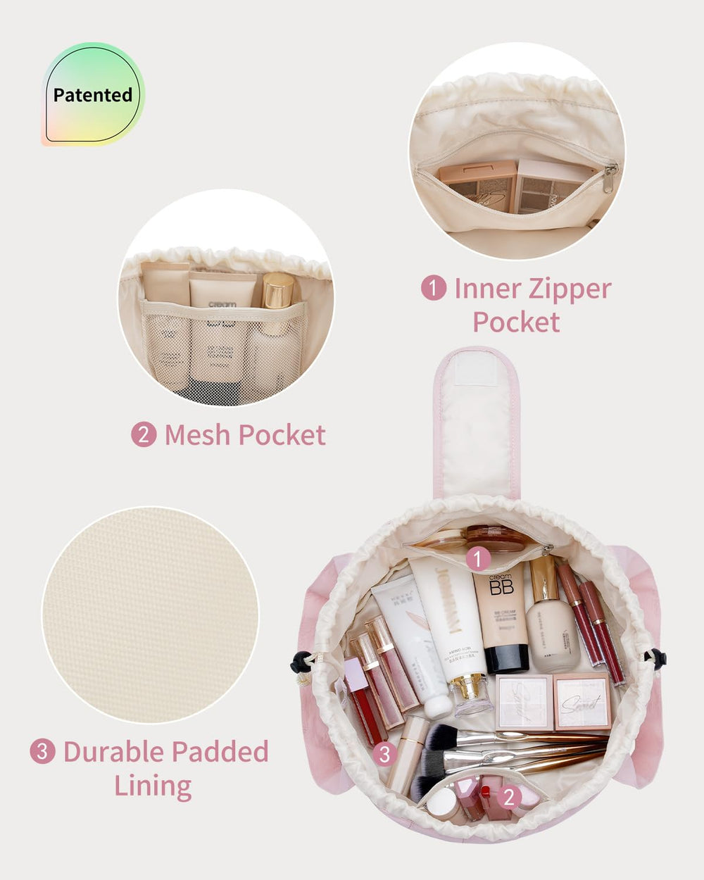 Narwey pink bag uses water-resistant fabric to protect cosmetics.