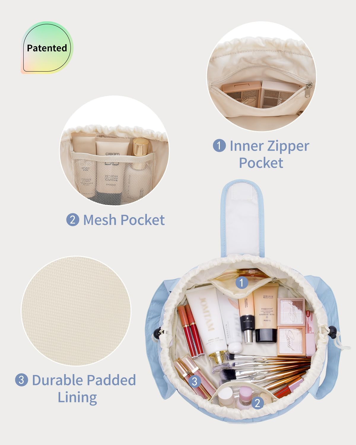 Narwey cute toiletry bag blue inside-pocket layout for quick access
