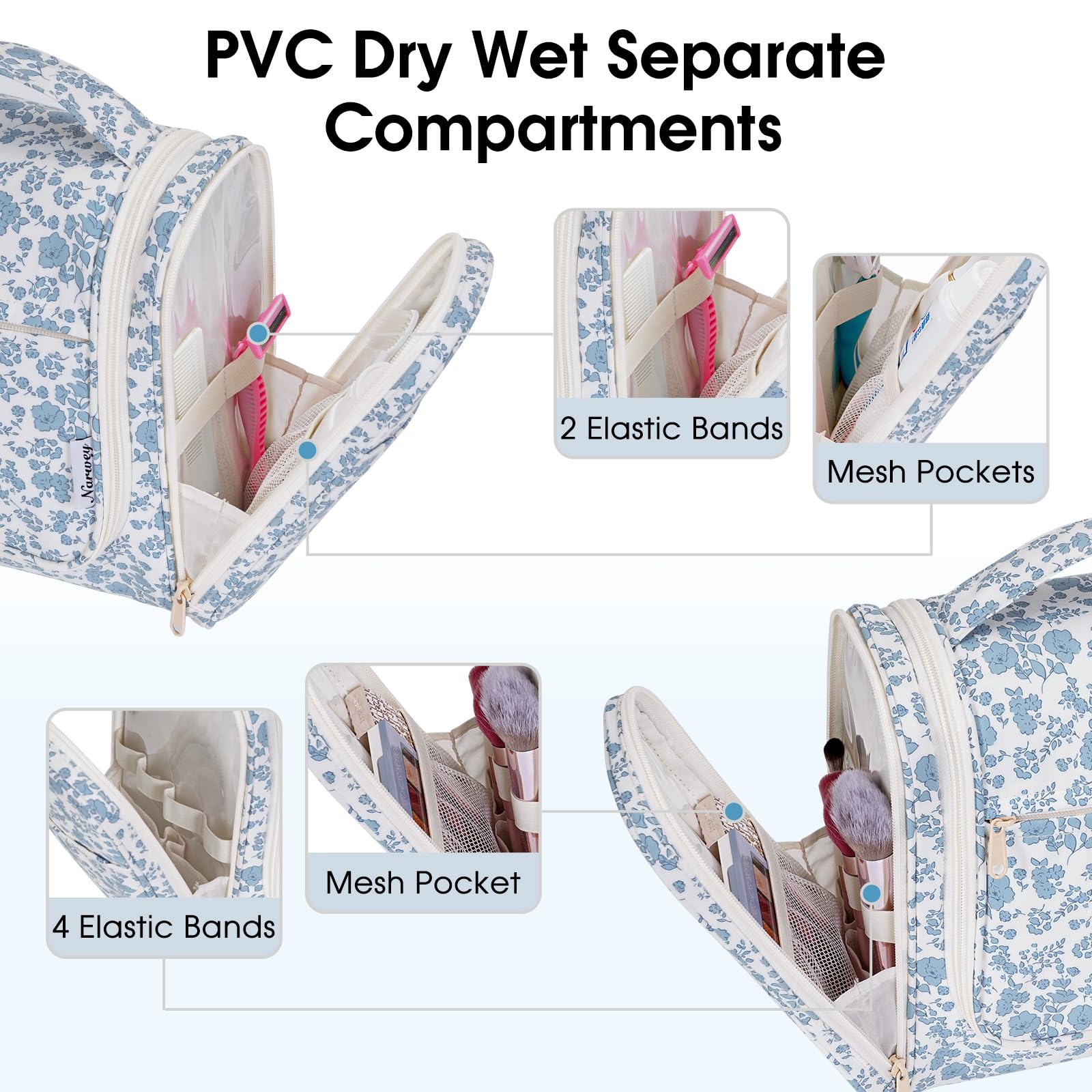 Narwey dry-wet separation side pockets keep liquids separate and minimize mess
