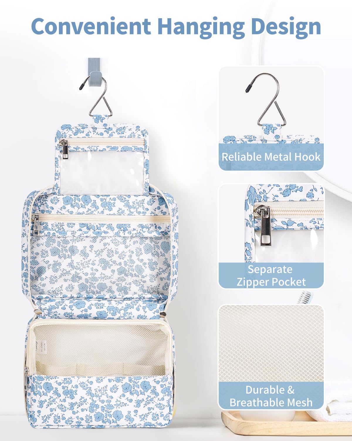 Narwey floral exterior highlights portable makeup bag for organized cosmetics on the go.