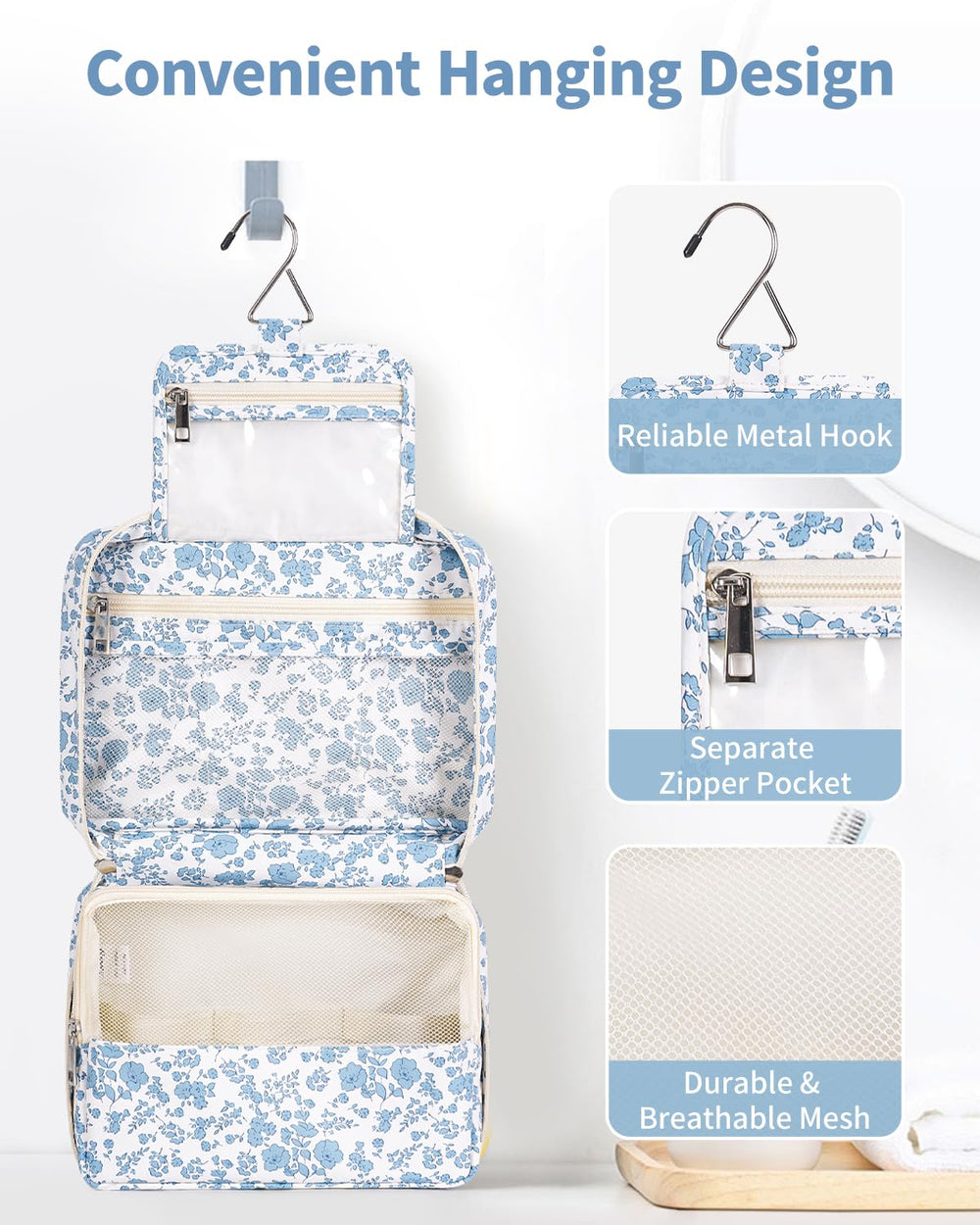 Narwey floral exterior highlights portable makeup bag for organized cosmetics on the go.