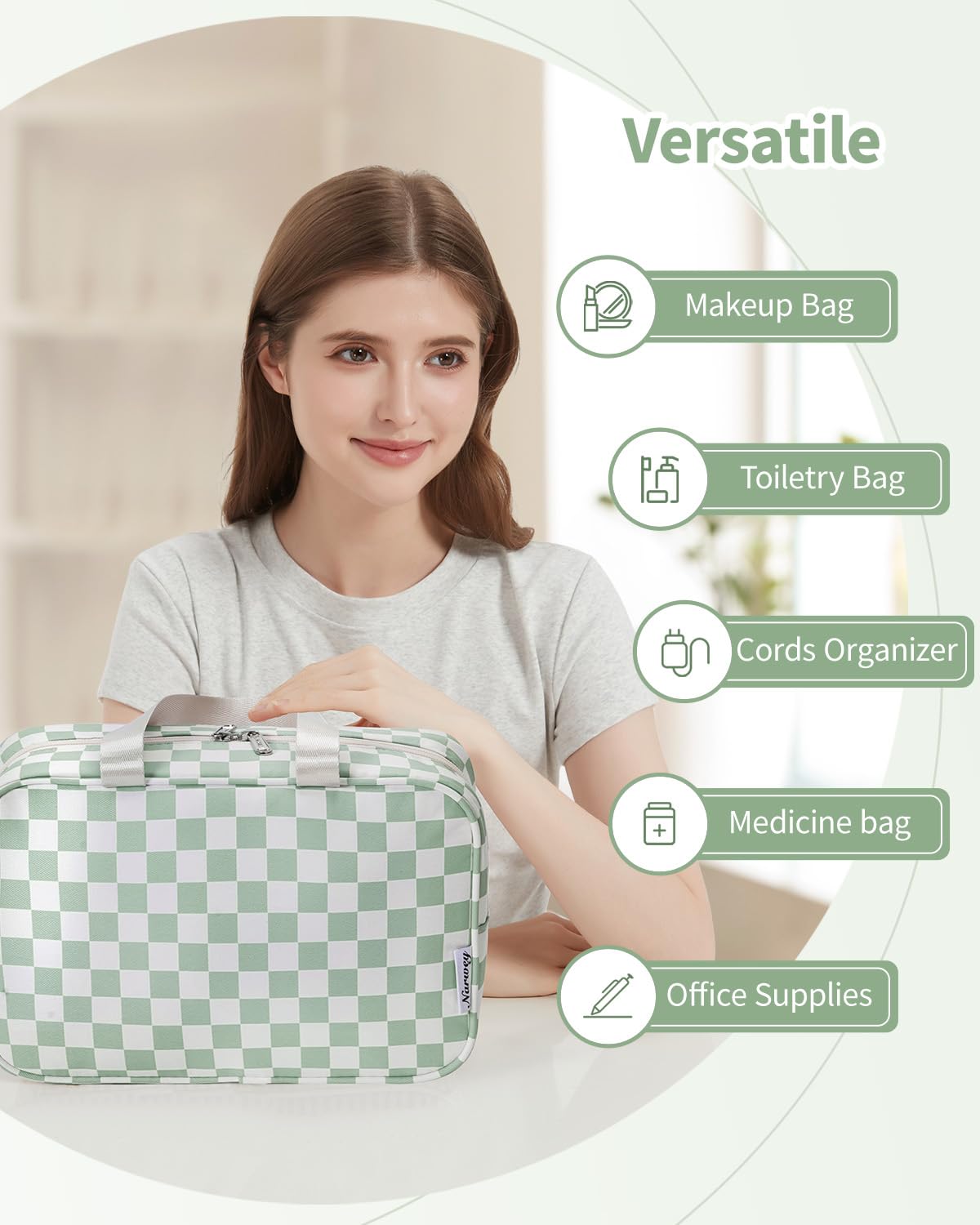 Narwey gift-ready travel bag in mint green checkerboard, ideal for travelers.