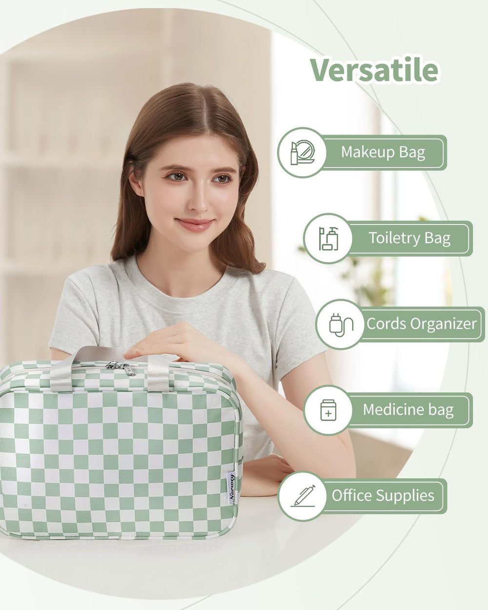 Narwey gift-ready travel bag in mint green checkerboard, ideal for travelers.
