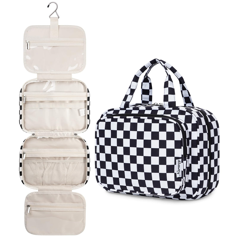 Narwey hanging toiletry bag black checkerboard medium front view with organized compartments for travel toiletries.