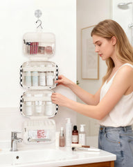Narwey hanging toiletry bag open view highlights mesh pockets for easy item retrieval.