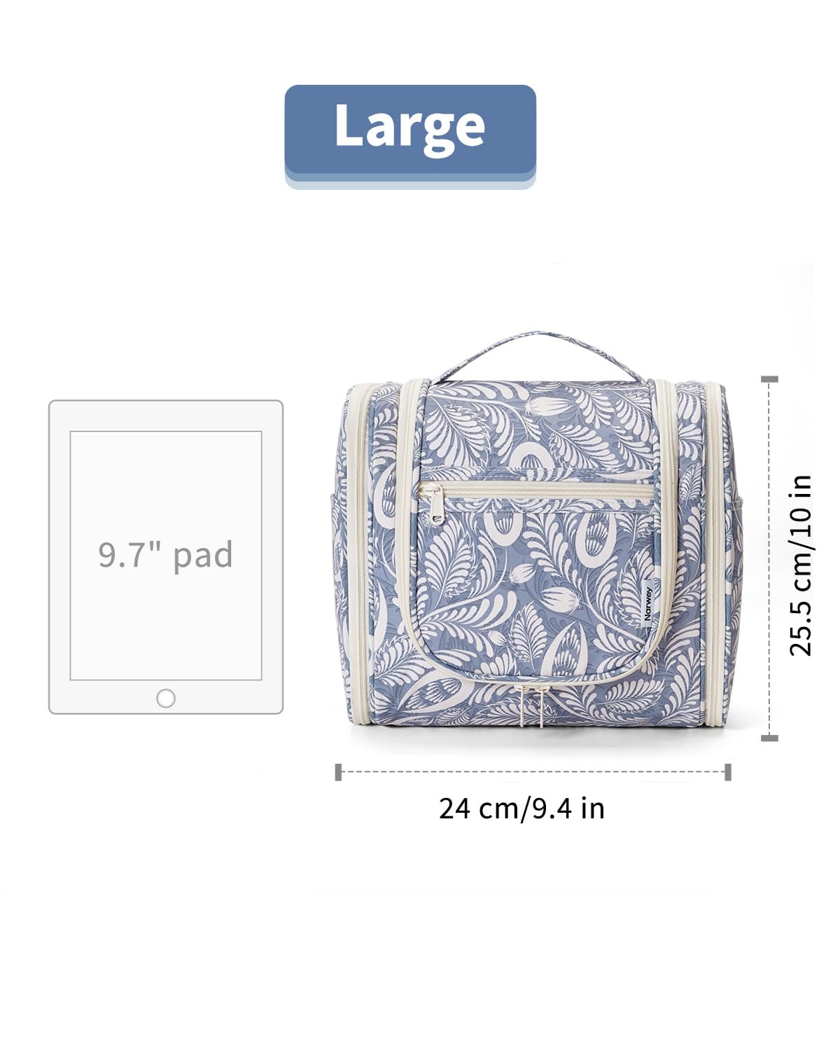 Narwey compact design blue leaf toiletry bag fits in luggage without bulk.