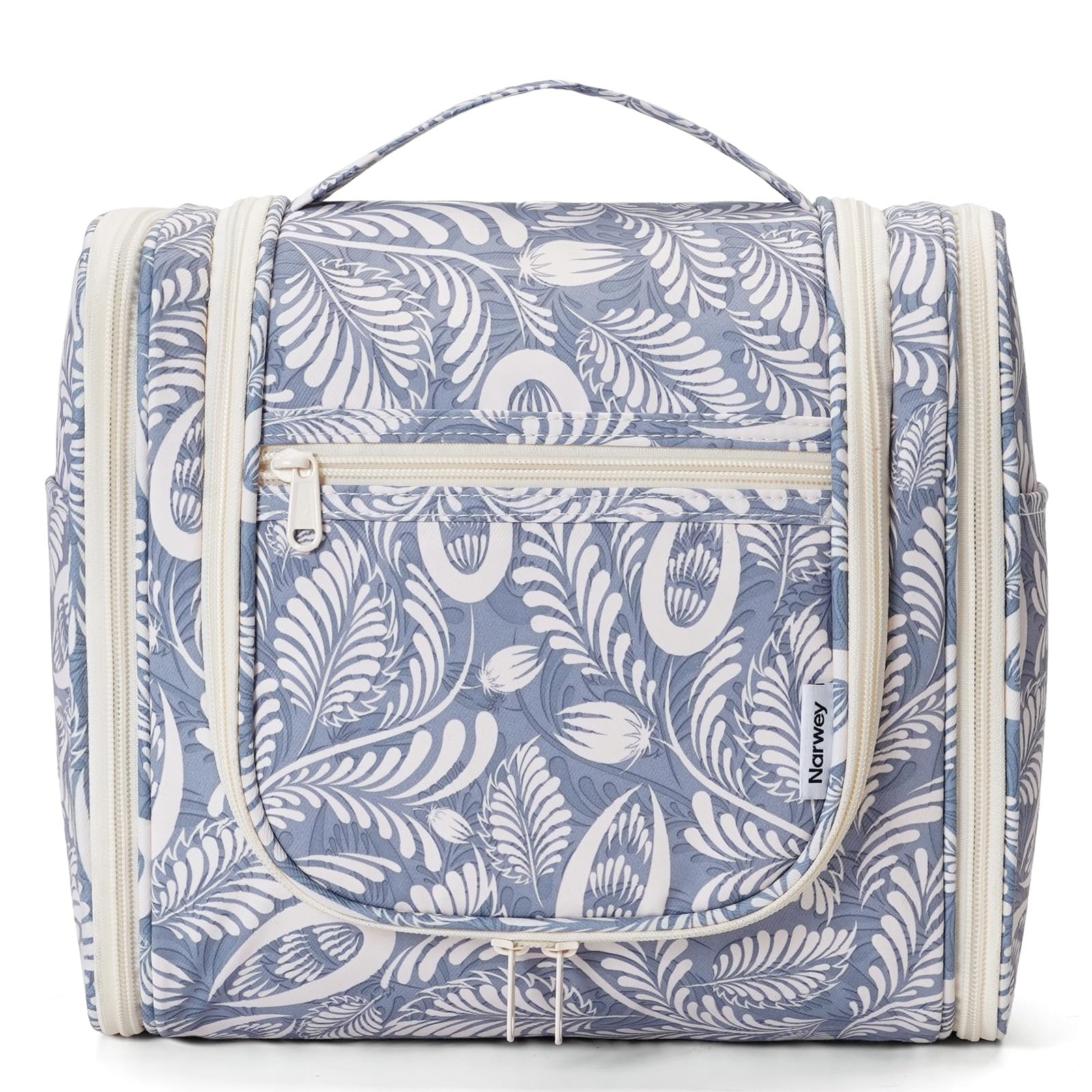 Narwey hanging toiletry bag in blue leaf design front view for organized travel.