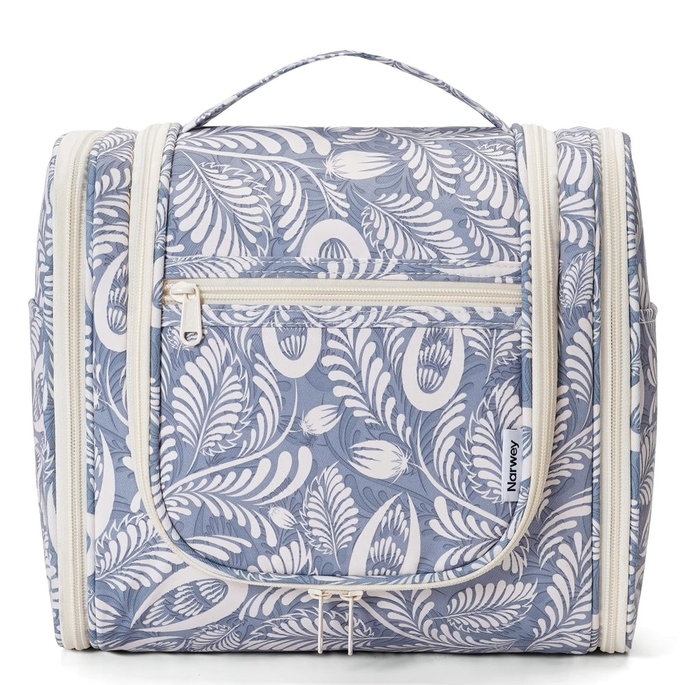 Narwey hanging toiletry bag in blue leaf design front view for organized travel.