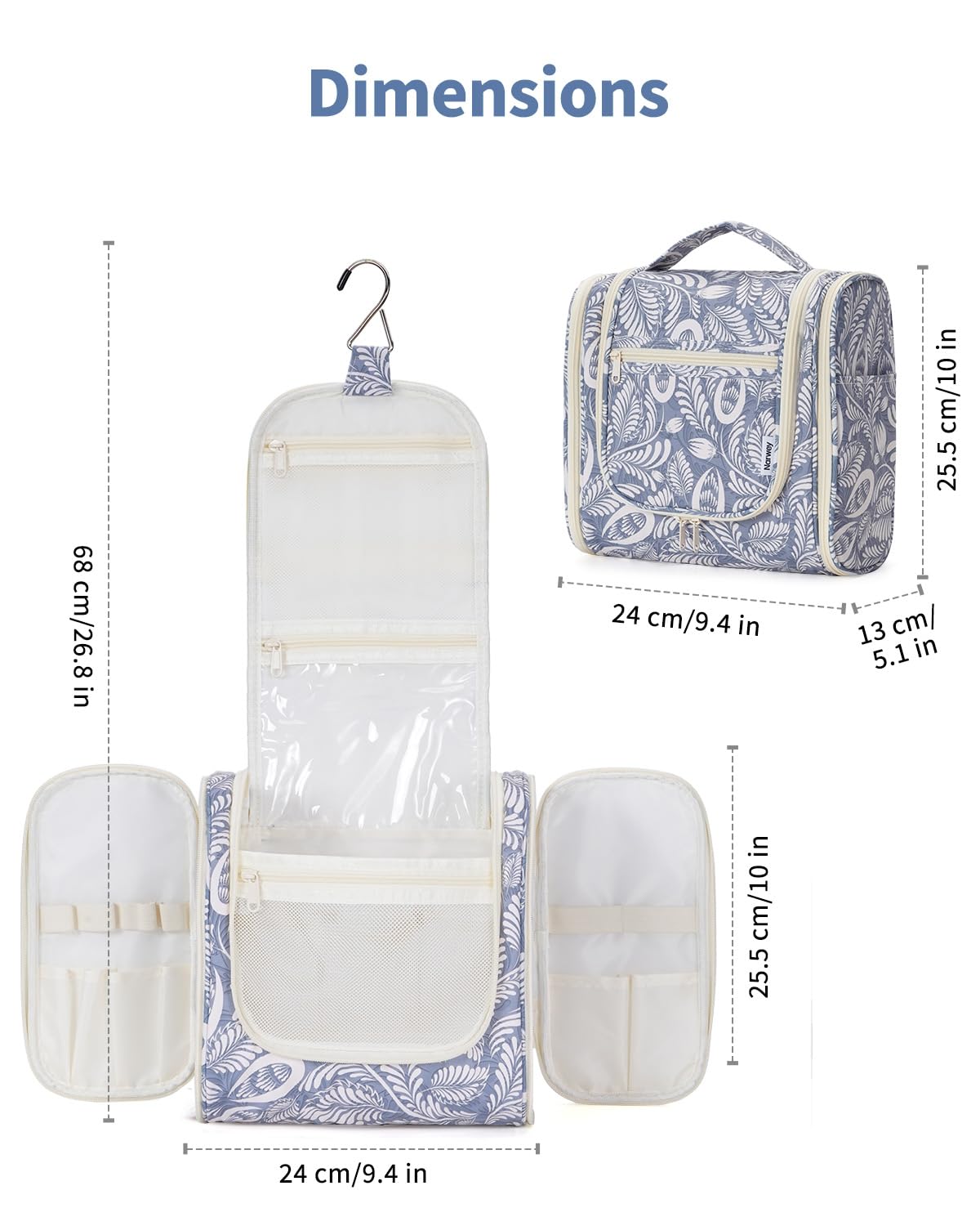 Narwey blue leaf bag with built-in hook ready for hanging in bathroom or on towel rack.