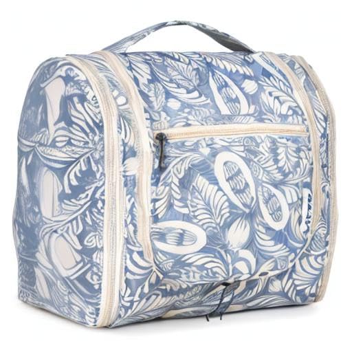 Narwey blue leaf bag in use on bathroom counter for quick access.