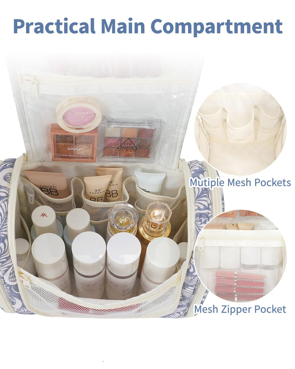 Narwey blue leaf bag interior with multiple sections for cosmetics and toiletries.