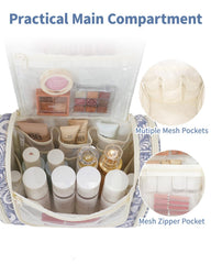 Narwey blue leaf bag interior with multiple sections for cosmetics and toiletries.