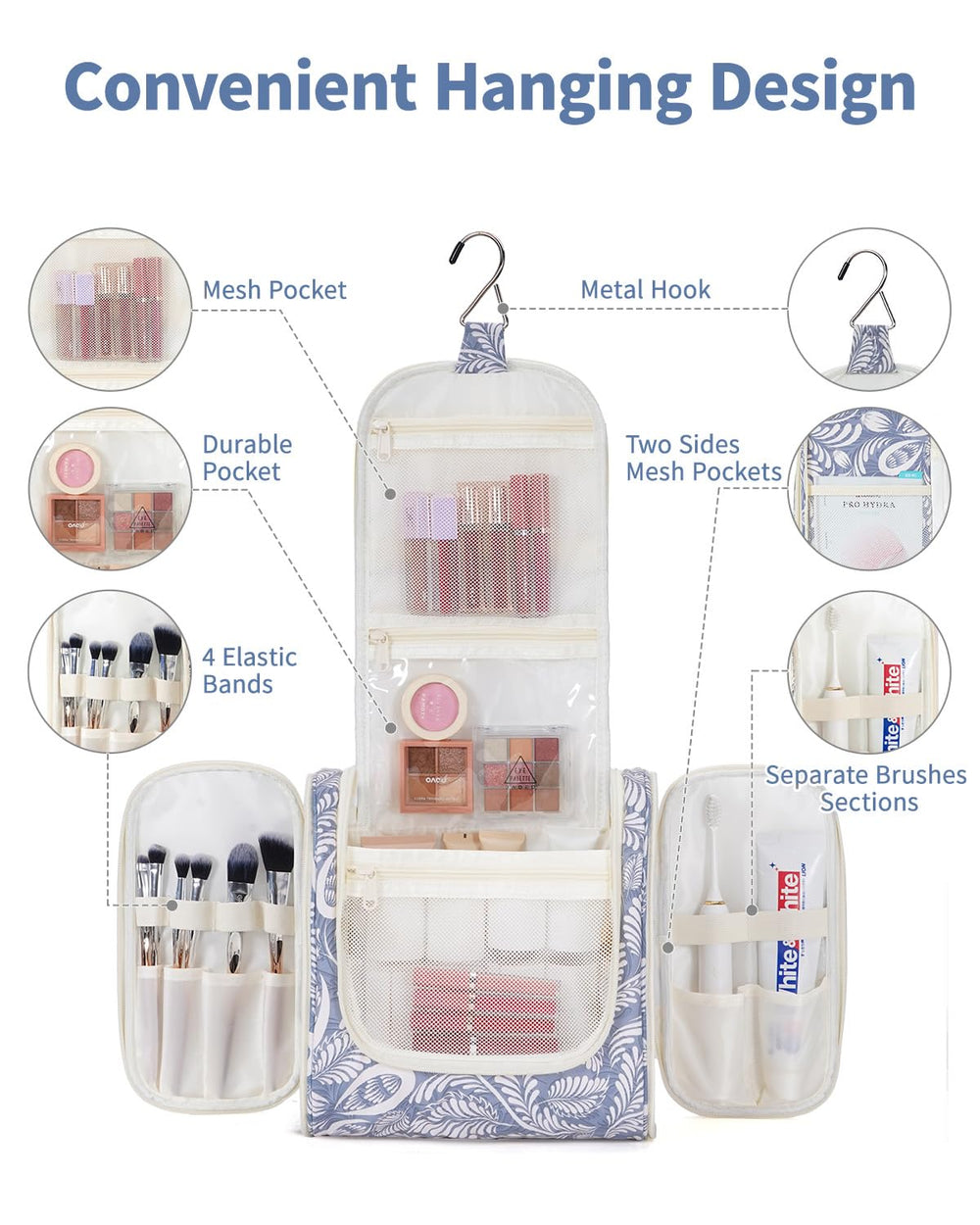 Narwey blue leaf bag open main compartment showing organized storage for essentials.