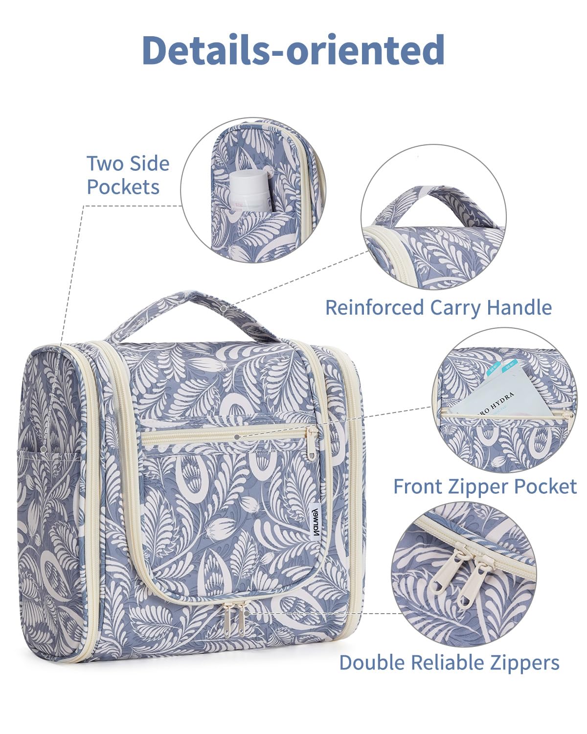Narwey blue leaf bag side pockets provide extra accessible storage.