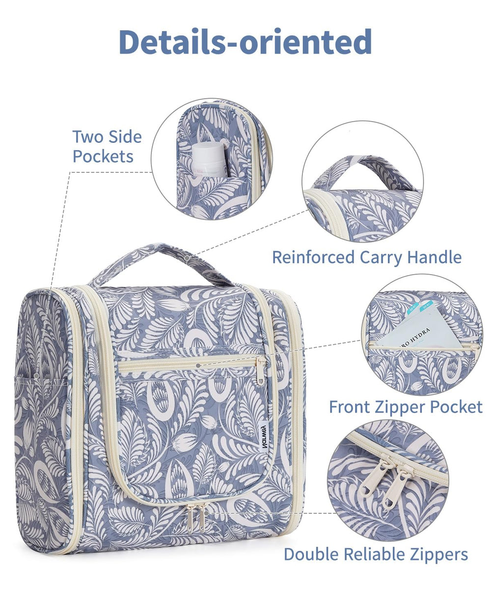 Narwey blue leaf bag side pockets provide extra accessible storage.
