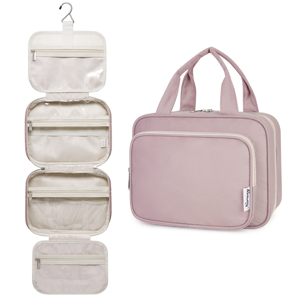 Narwey Dusty Rose hanging toiletry bag closed view showing compact design and color
