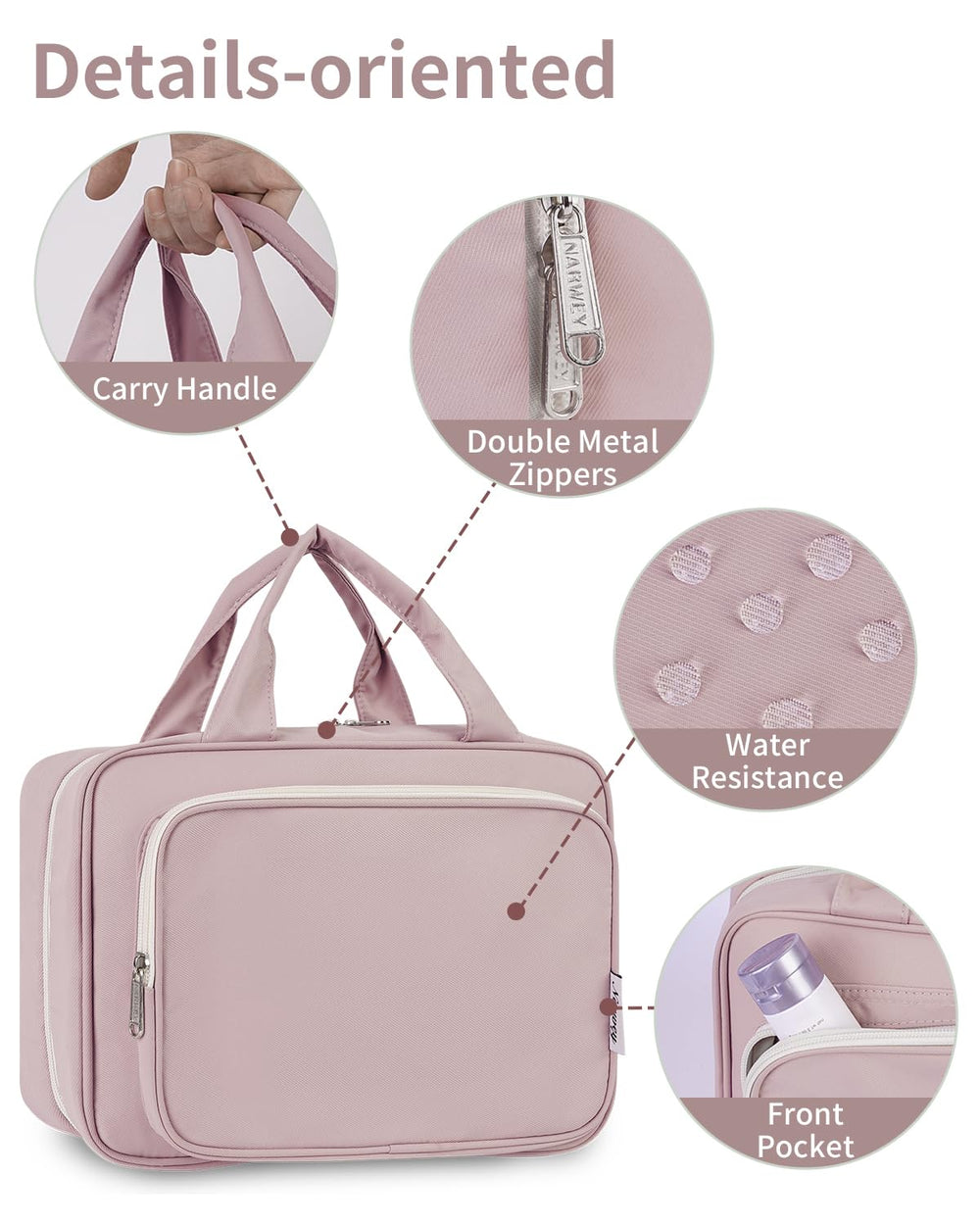 Narwey Dusty Rose water-resistent fabric detail during travel