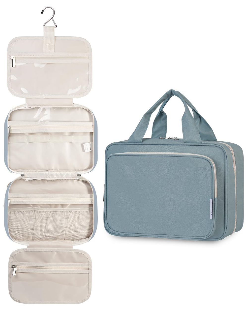Narwey hanging toiletry bag front view in greyish blue with organized compartments.
