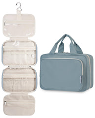 Narwey hanging toiletry bag front view in greyish blue with organized compartments.