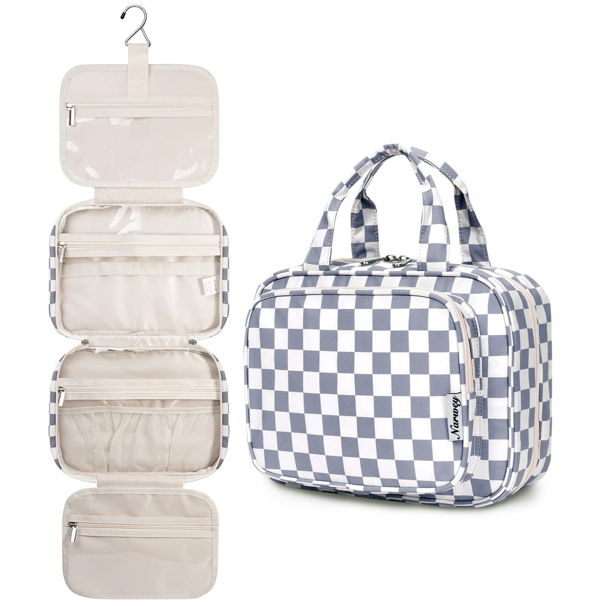 Narwey hanging toiletry bag grayish blue checkerboard opens showing organized compartments for travel organization