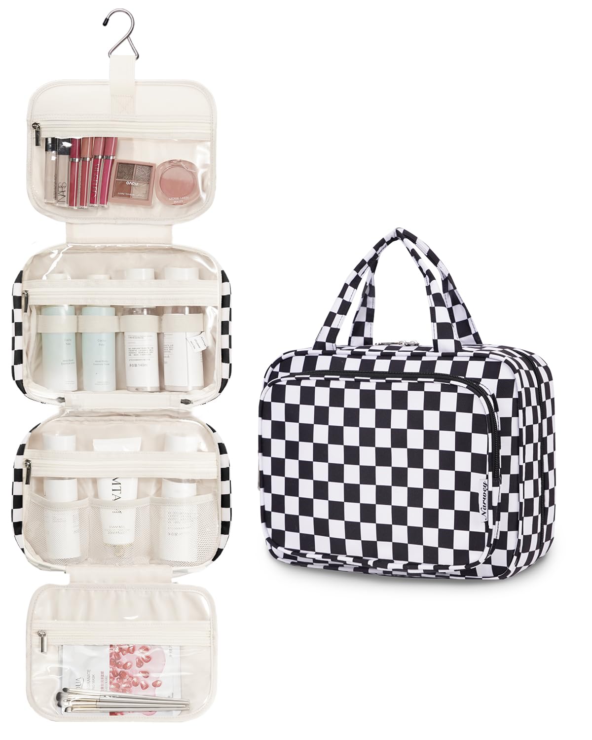 Narwey hanging toiletry bag hook view emphasizes hands-free organization during trips.