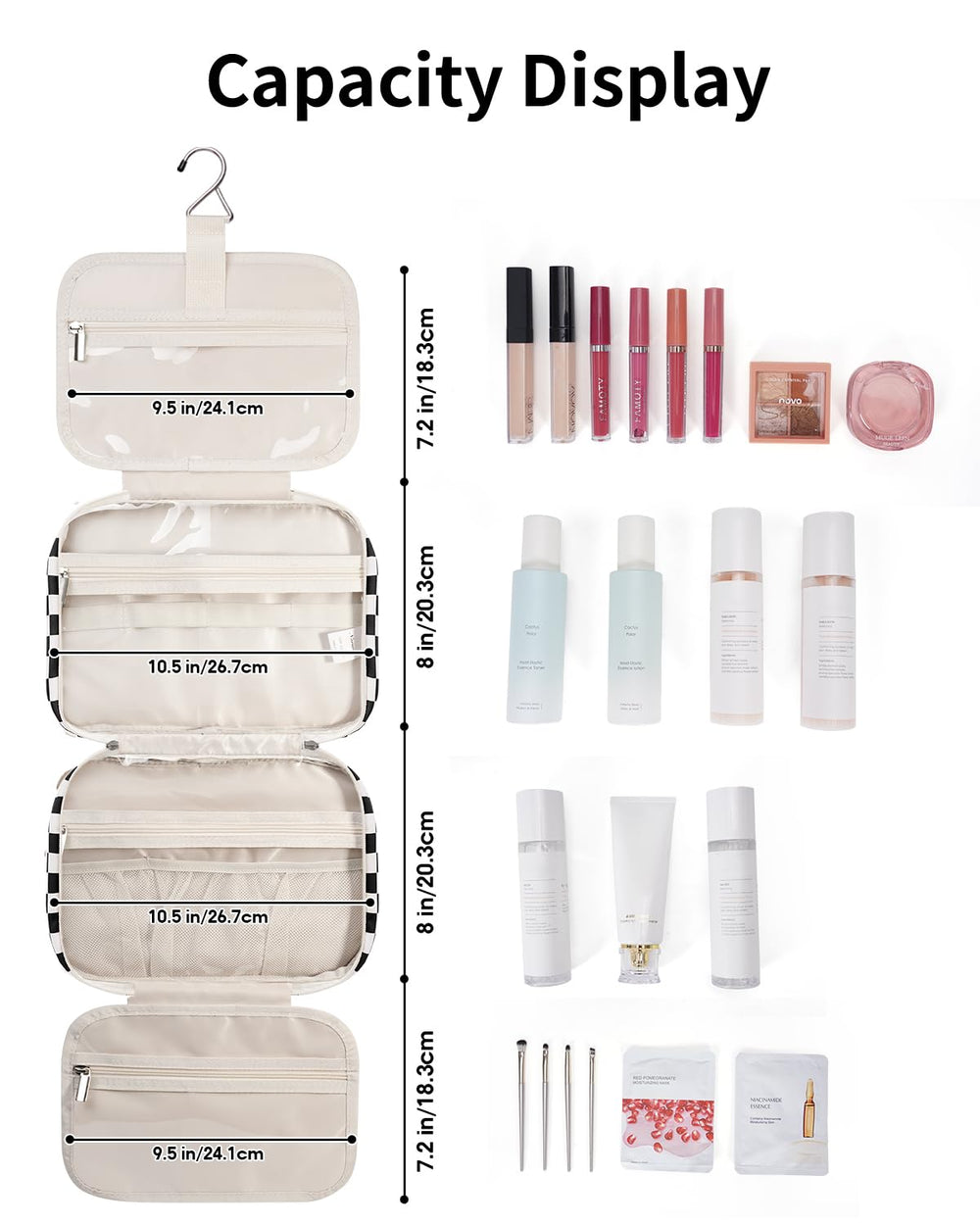 Narwey bag interior shot with mesh pockets supports neat makeup storage.