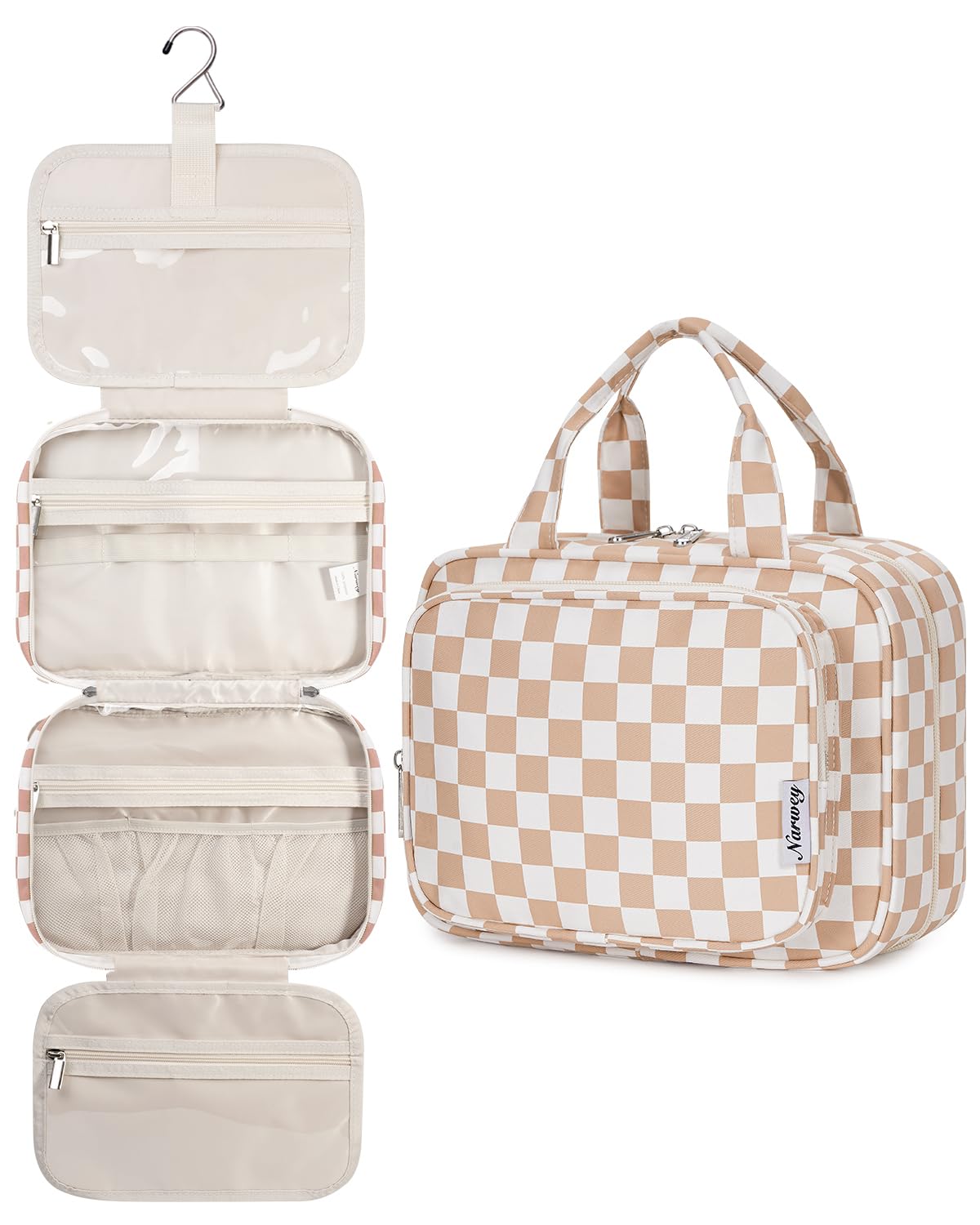Narwey hanging toiletry bag light checkerboard medium open compartments for easy access