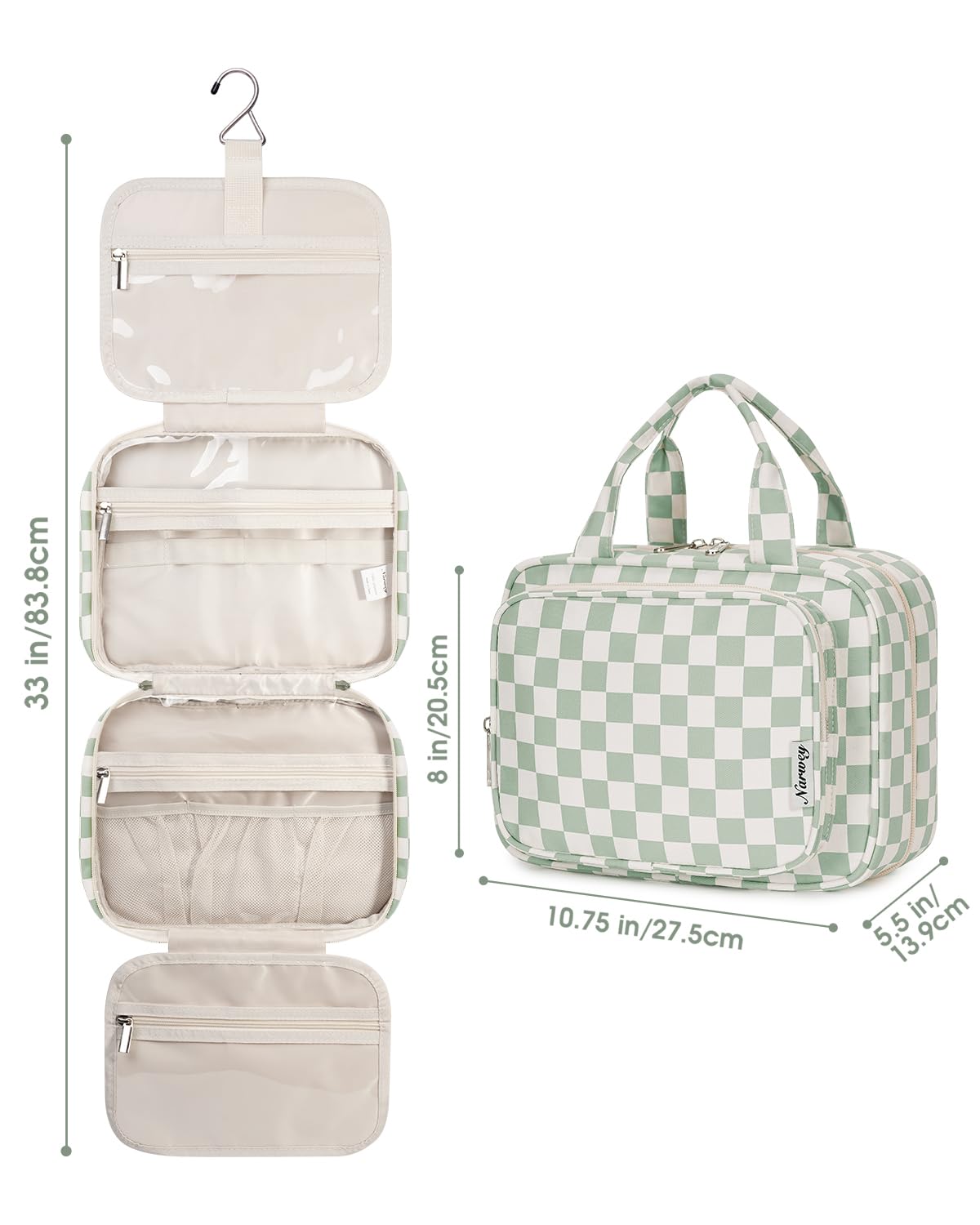 Narwey hanging toiletry bag mint green checker ideal for cosmetics and travel essentials