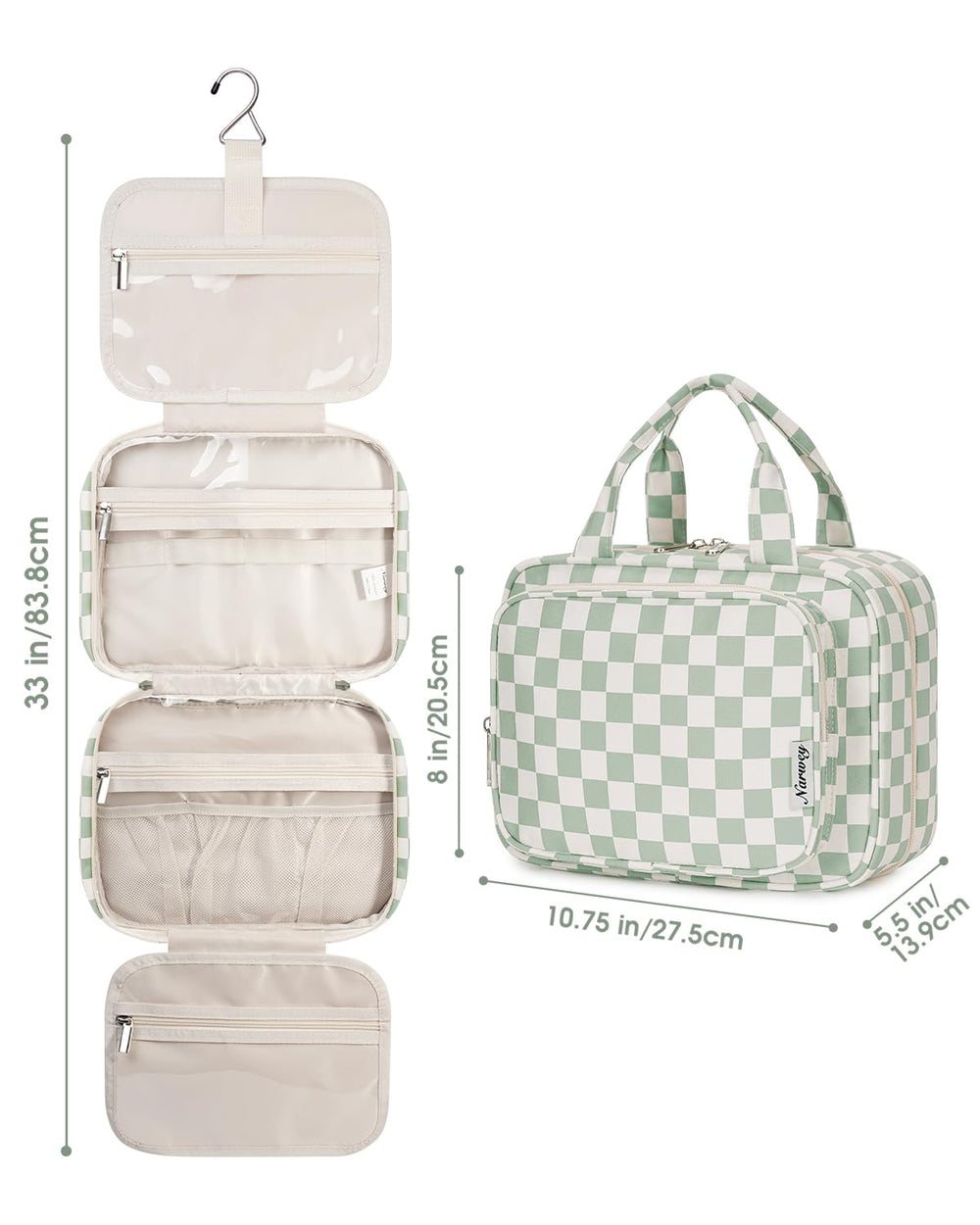 Narwey hanging toiletry bag mint green checker ideal for cosmetics and travel essentials