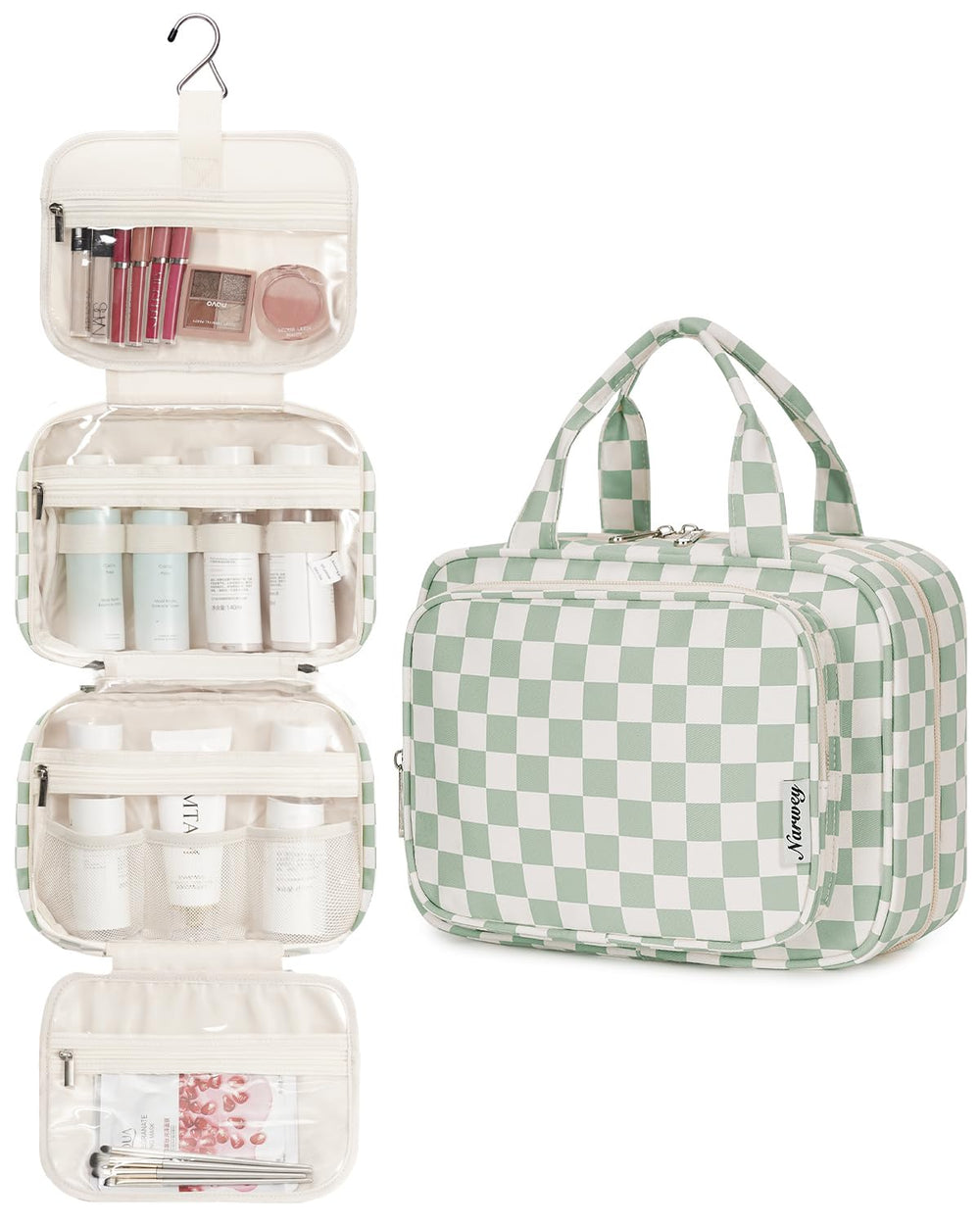 Narwey hanging toiletry bag mint green checker folded for compact packing