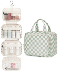 Narwey hanging toiletry bag mint green checker folded for compact packing