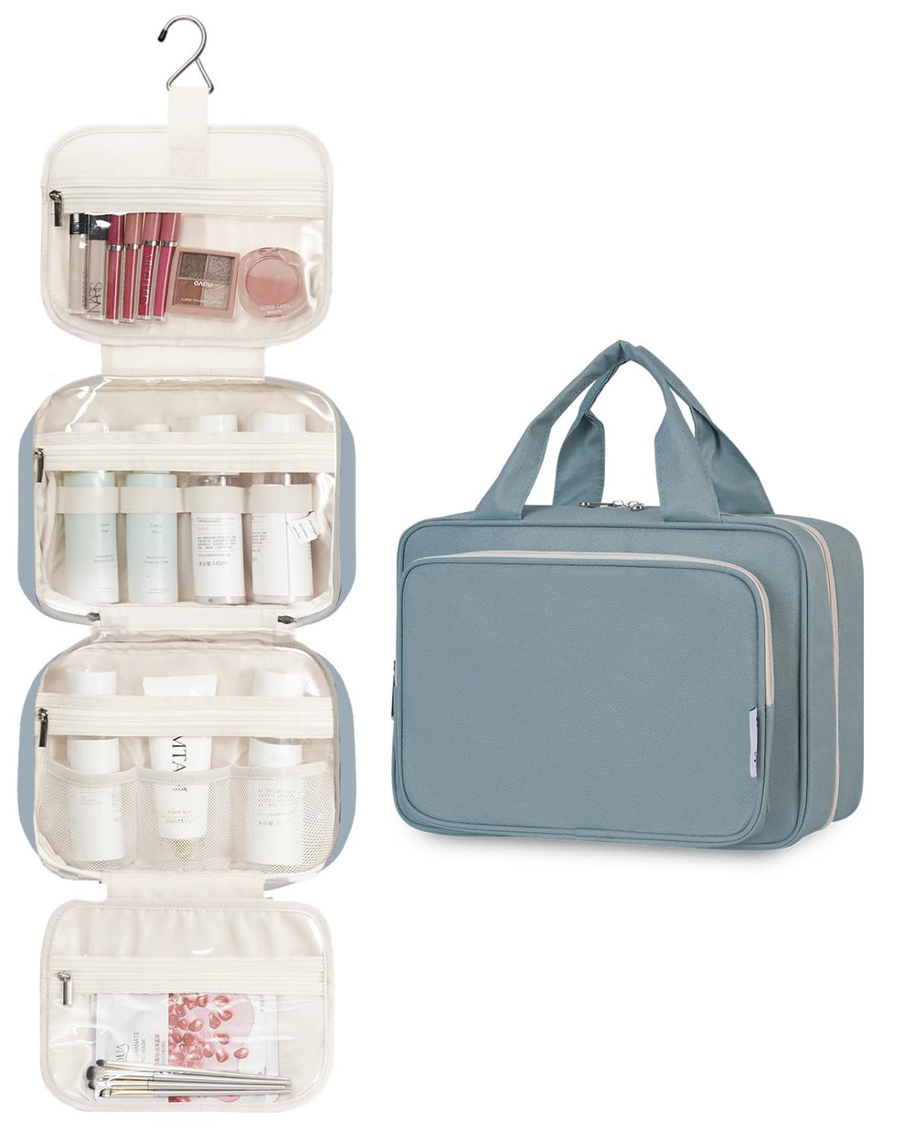 Narwey hanging toiletry bag open compartments with four-division organization.