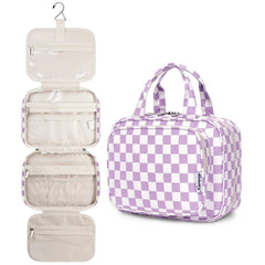 Narwey hanging toiletry bag front view highlights purple checkerboard design for easy travel organization