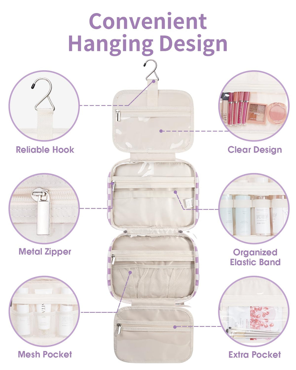 Narwey hanging toiletry bag side pocket detail aids quick access to small essentials