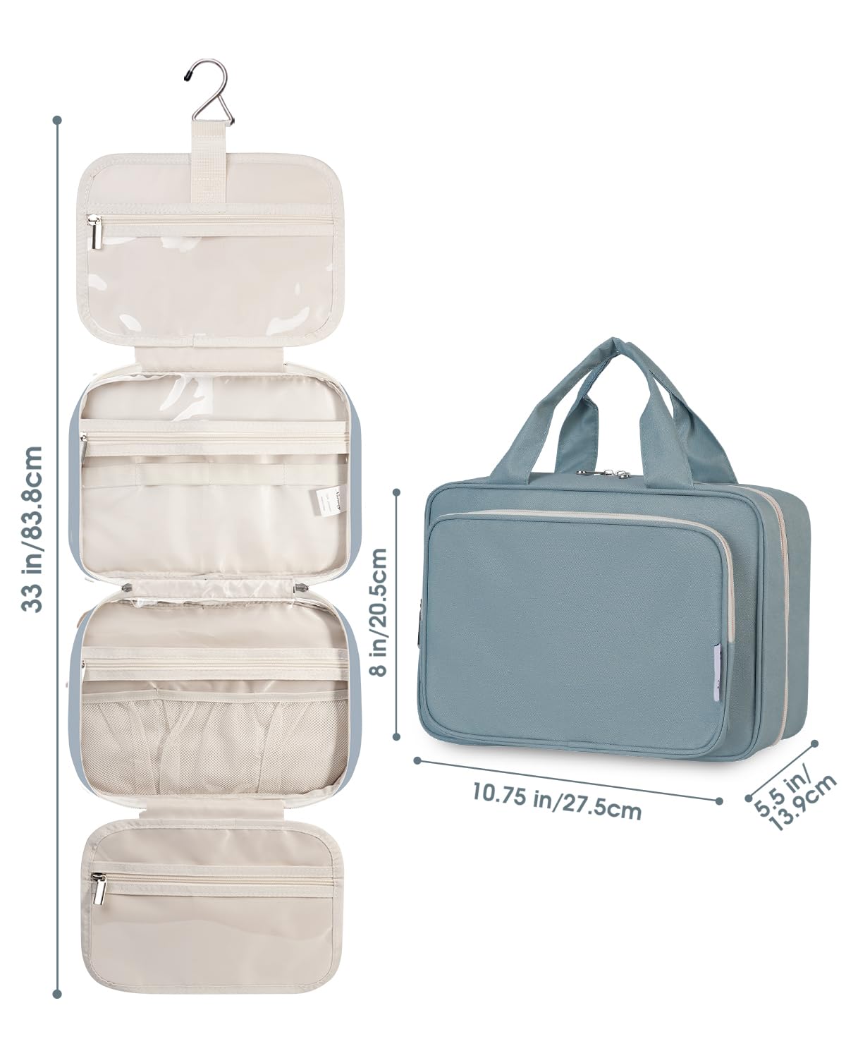 Narwey hanging toiletry bag in use on hotel bathroom counter for routine setup.