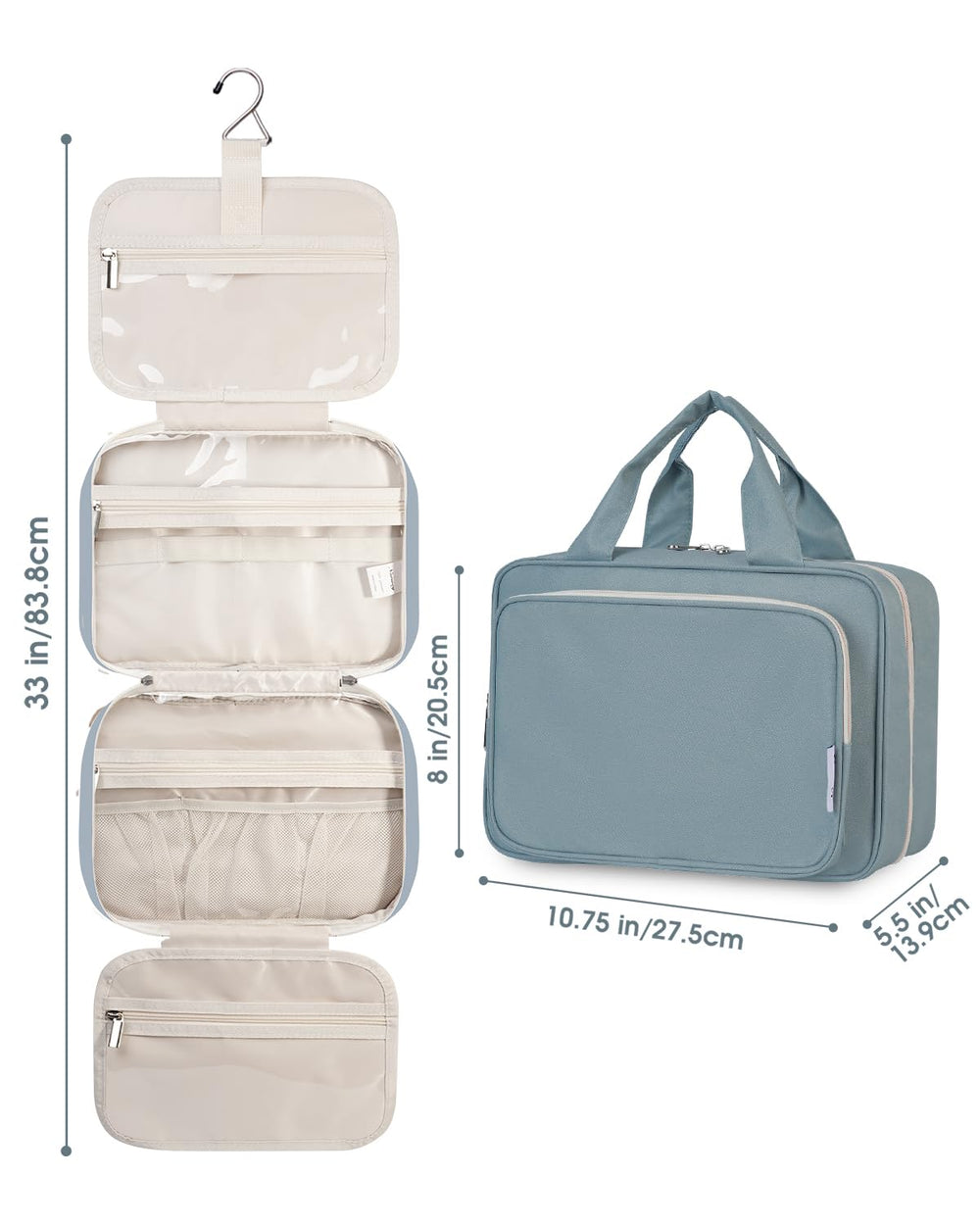 Narwey hanging toiletry bag in use on hotel bathroom counter for routine setup.