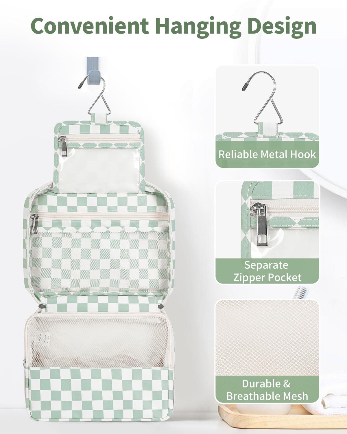 Narwey mint green checkerboard bag with multiple compartments for organized skin-care and cosmetics on trips