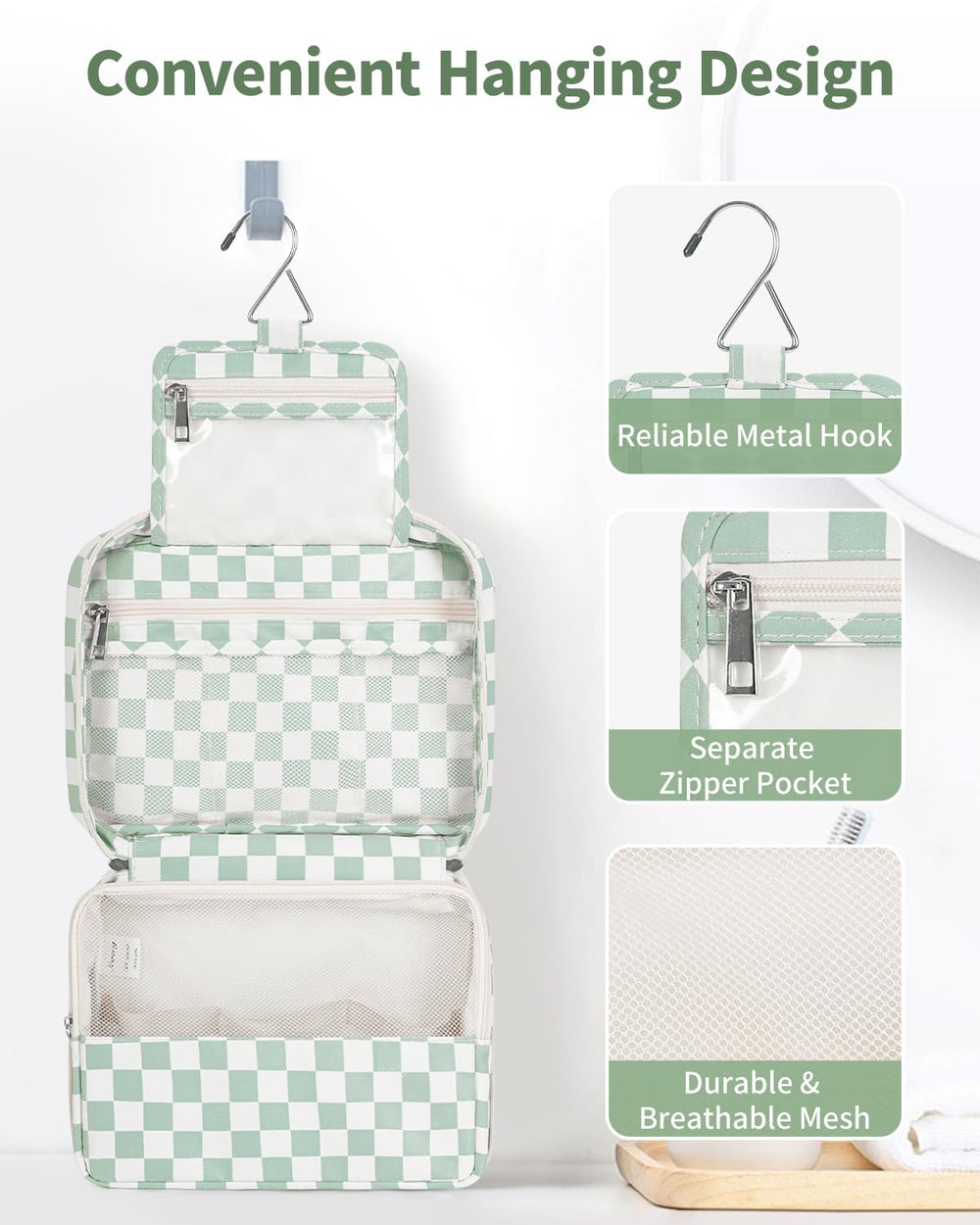 Narwey mint green checkerboard bag with multiple compartments for organized skin-care and cosmetics on trips